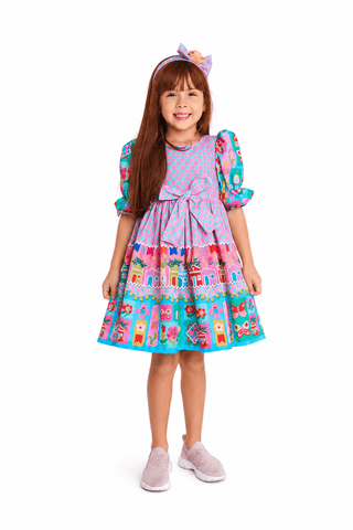 VESTIDO ARRAIA DE CORES QUADRADOS BUSTO ROSA/ESMERALDA
