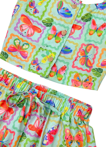 CONJ FEM BL E SHORT BORBOLETA EM QUADROS VERDE/ROSA