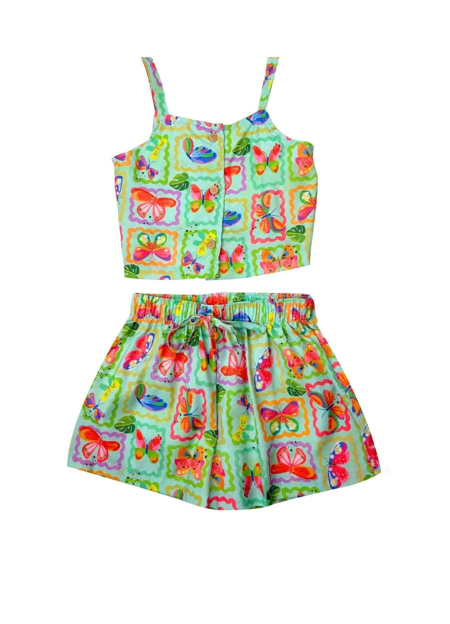 CONJ FEM BL E SHORT BORBOLETA EM QUADROS VERDE/ROSA