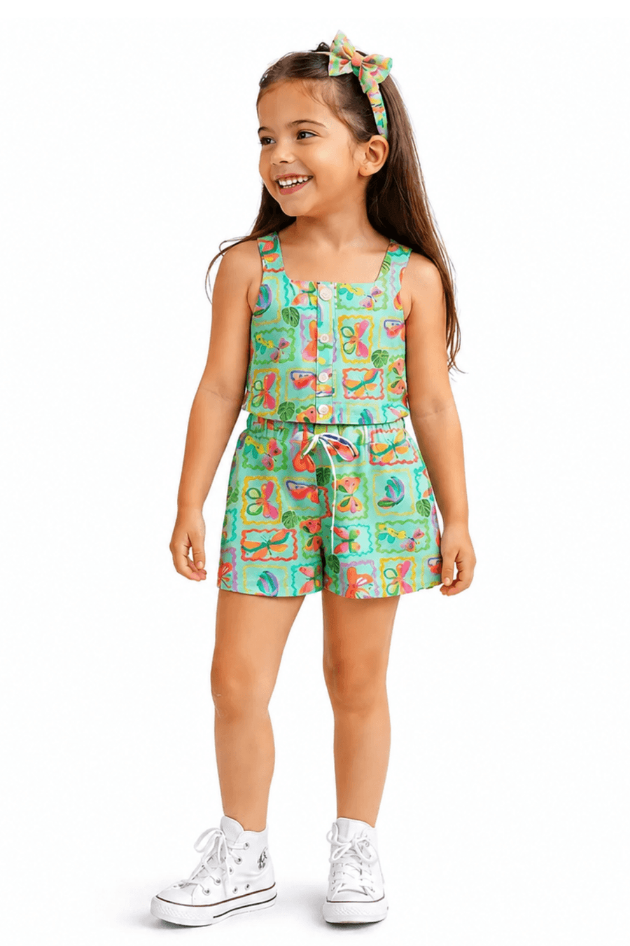 CONJ FEM BL E SHORT BORBOLETA EM QUADROS VERDE/ROSA
