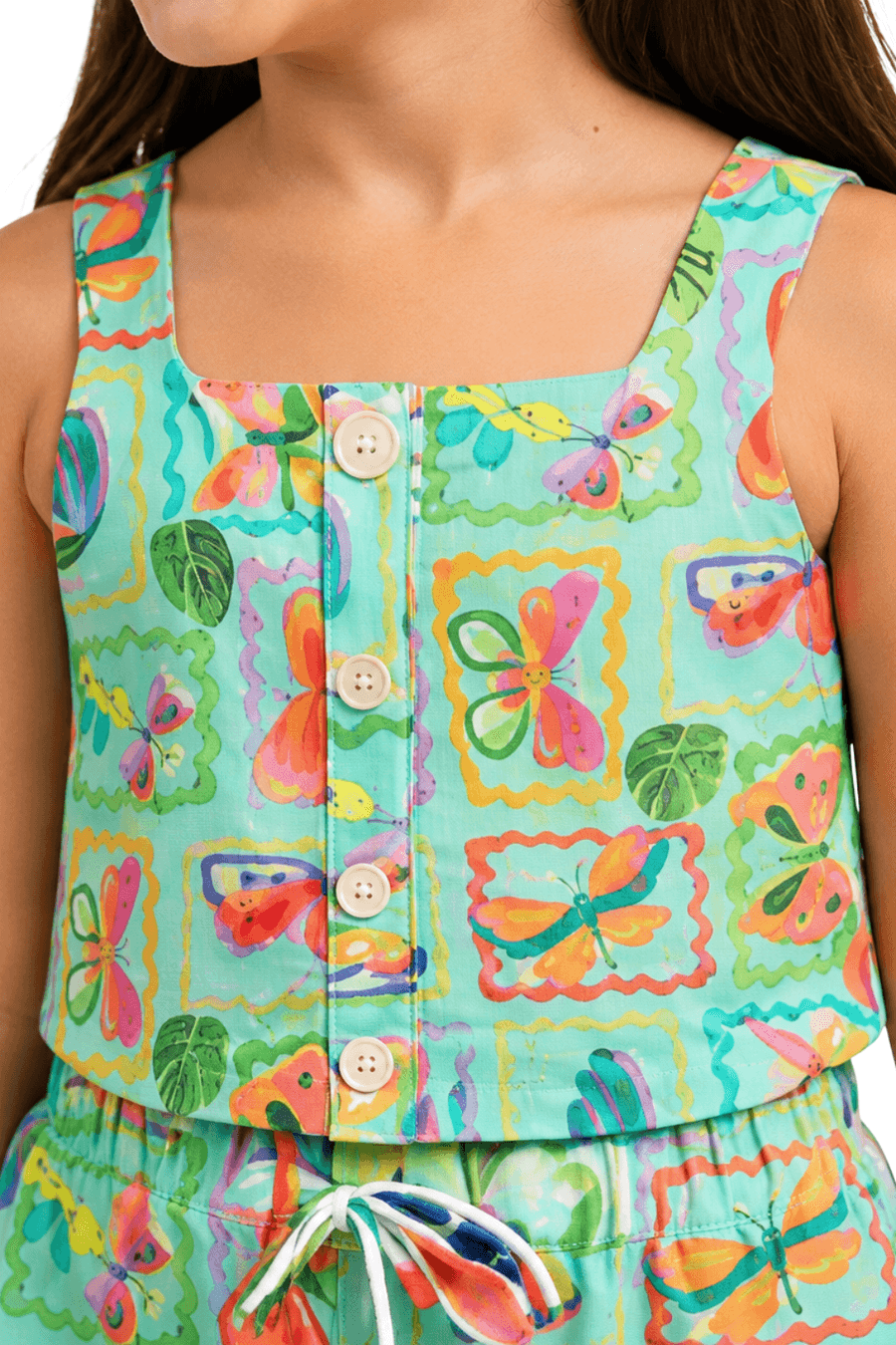 CONJ FEM BL E SHORT BORBOLETA EM QUADROS VERDE/ROSA