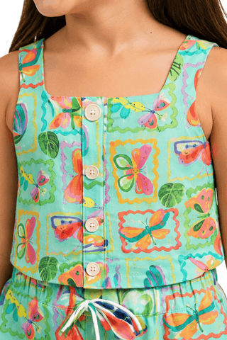 CONJ FEM BL E SHORT BORBOLETA EM QUADROS VERDE/ROSA
