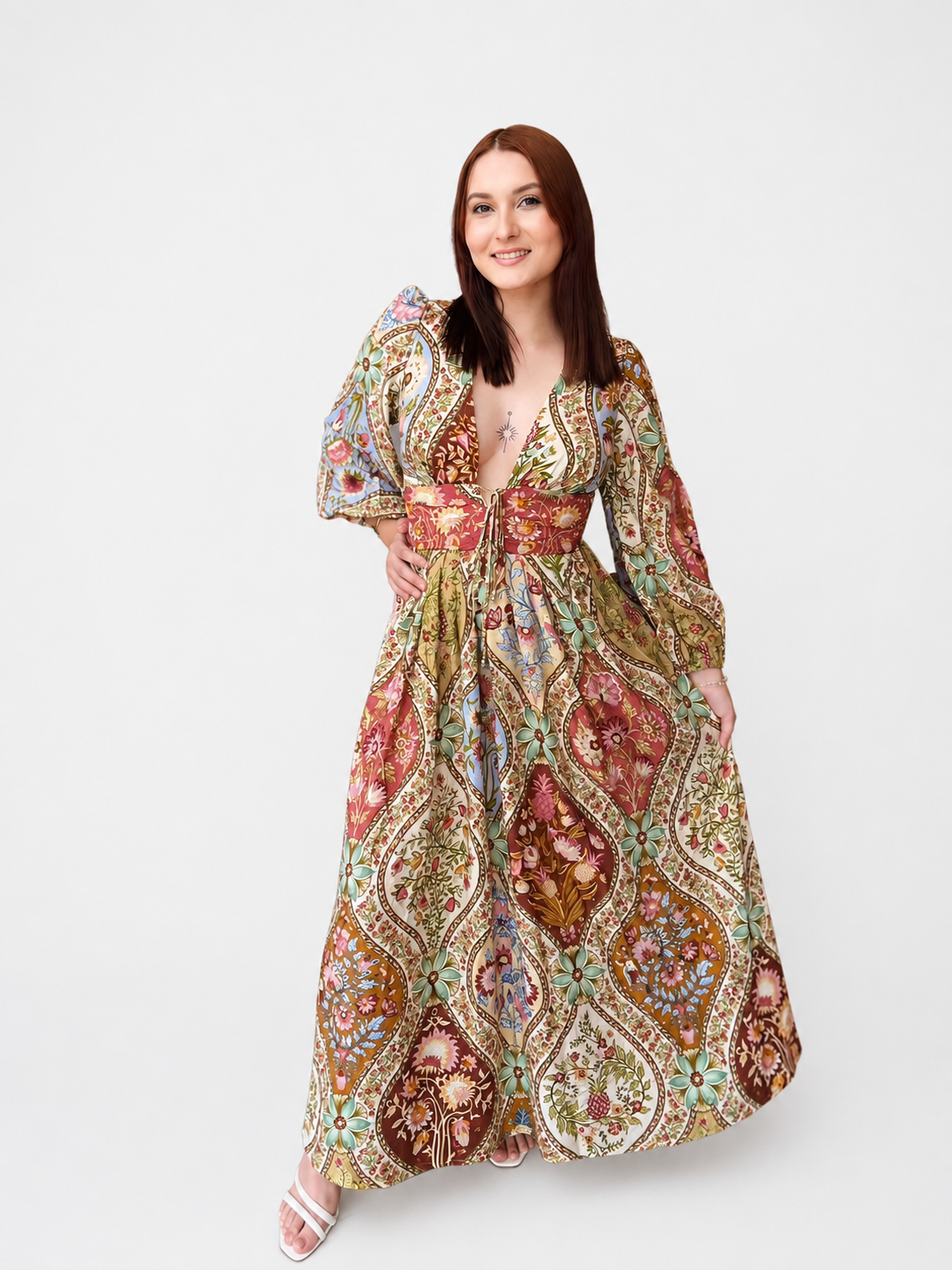 VESTIDO LONGO MANGA NATUREZA ROMANTICA ESTAMPADO