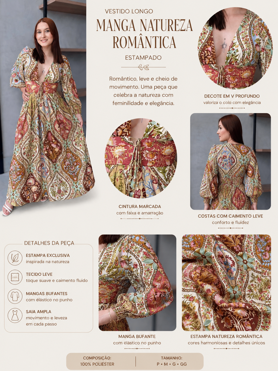 VESTIDO LONGO MANGA NATUREZA ROMANTICA ESTAMPADO