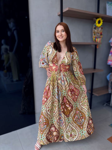 VESTIDO LONGO MANGA NATUREZA ROMANTICA ESTAMPADO