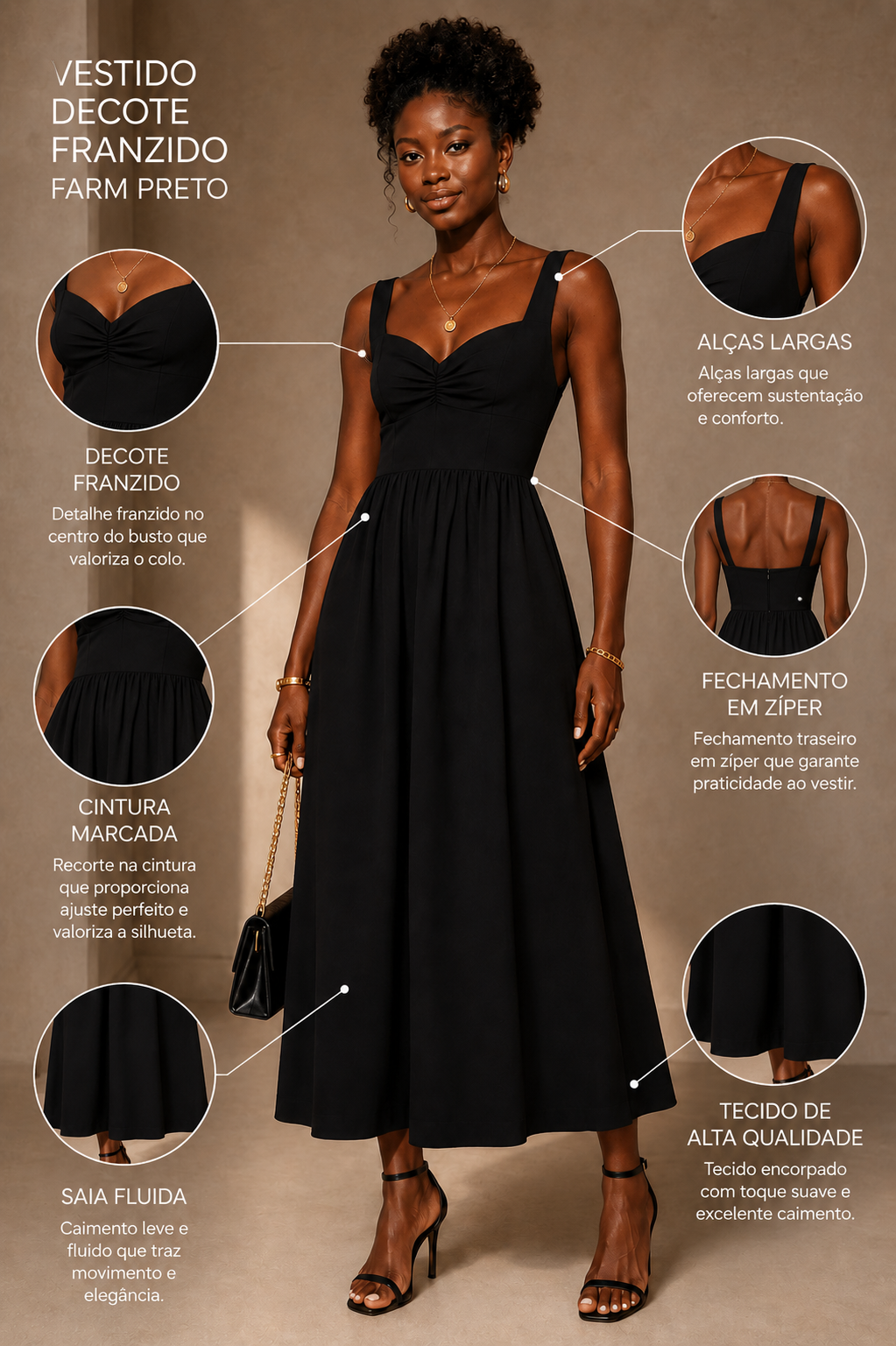 VESTIDO DECOTE FRANZIDO FARM PRETO