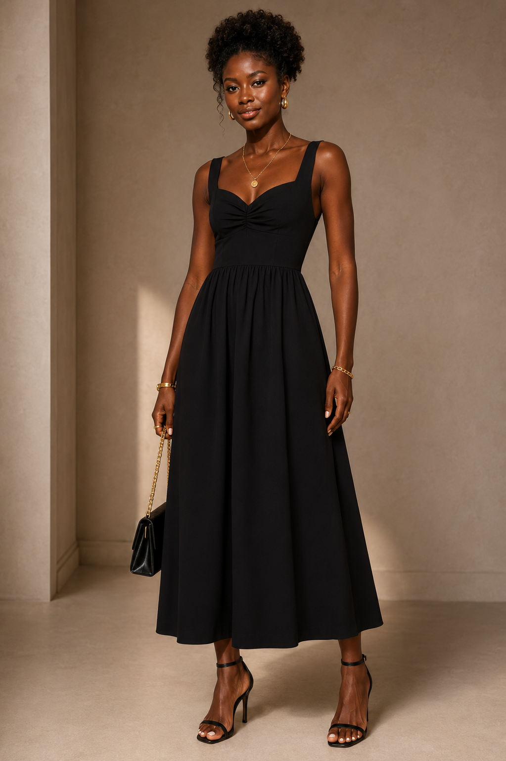 VESTIDO DECOTE FRANZIDO FARM PRETO