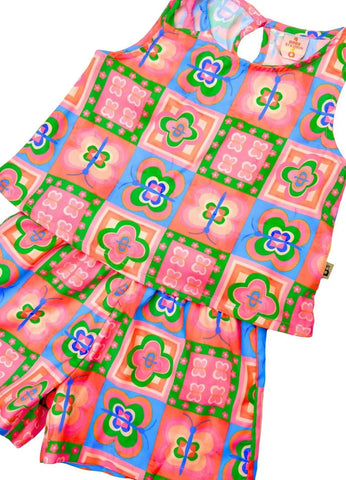 CONJ FEM BL E SHORT AZULEJO BORBOLETES LARANJA/VERDE/ROSA