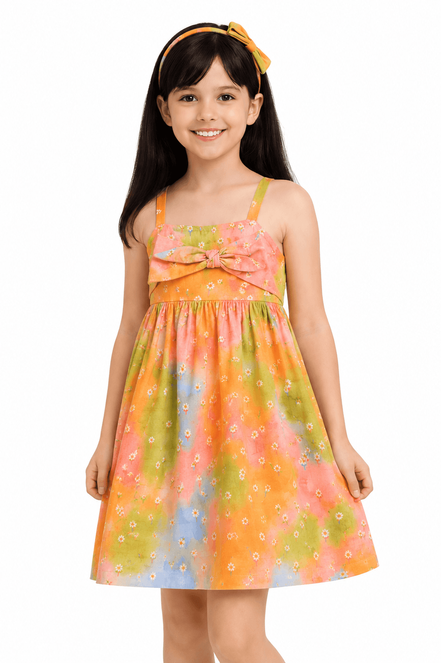 VESTIDO FEM CAMPO DE FLORES ALPHABETO LARANJA/VERDE/ROSA