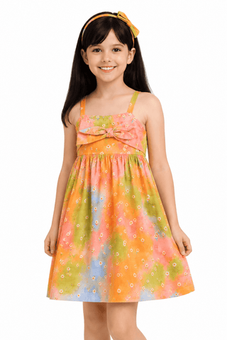 VESTIDO FEM CAMPO DE FLORES ALPHABETO LARANJA/VERDE/ROSA