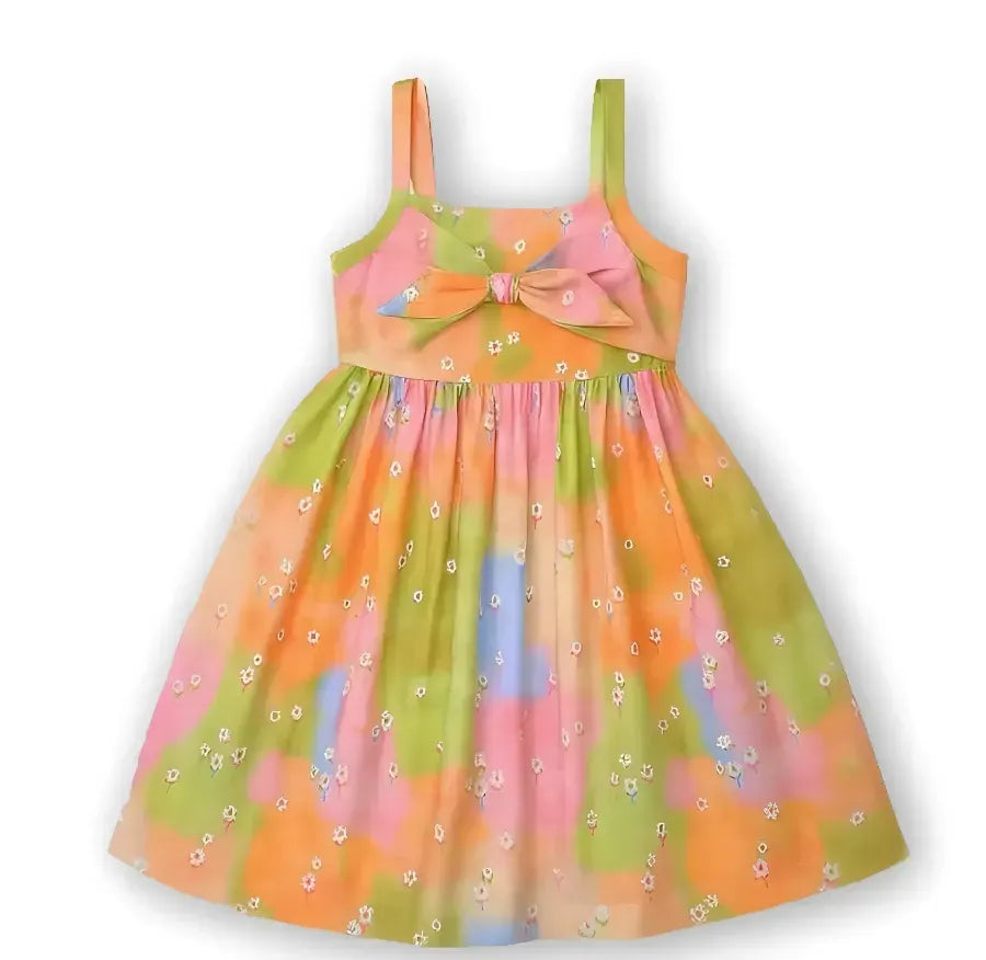 VESTIDO FEM CAMPO DE FLORES ALPHABETO LARANJA/VERDE/ROSA