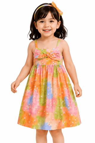 VESTIDO FEM CAMPO DE FLORES ALPHABETO LARANJA/VERDE/ROSA