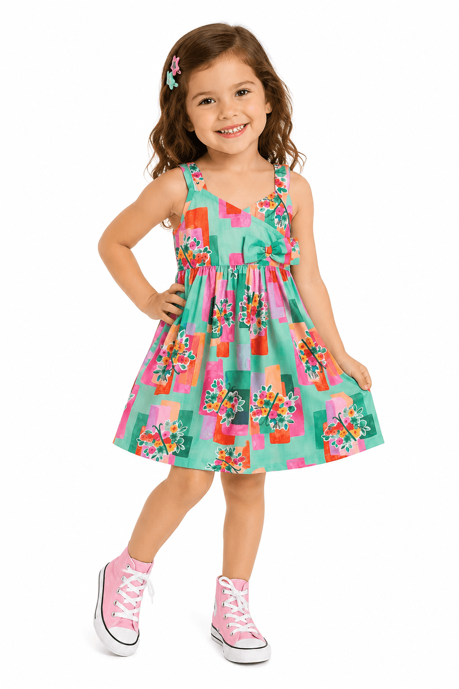 VESTIDO FEM BORBOFLORES ALPHABETO ROSA/VERDE