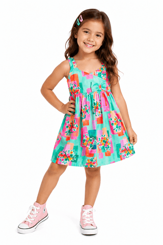 VESTIDO FEM BORBOFLORES ALPHABETO ROSA/VERDE