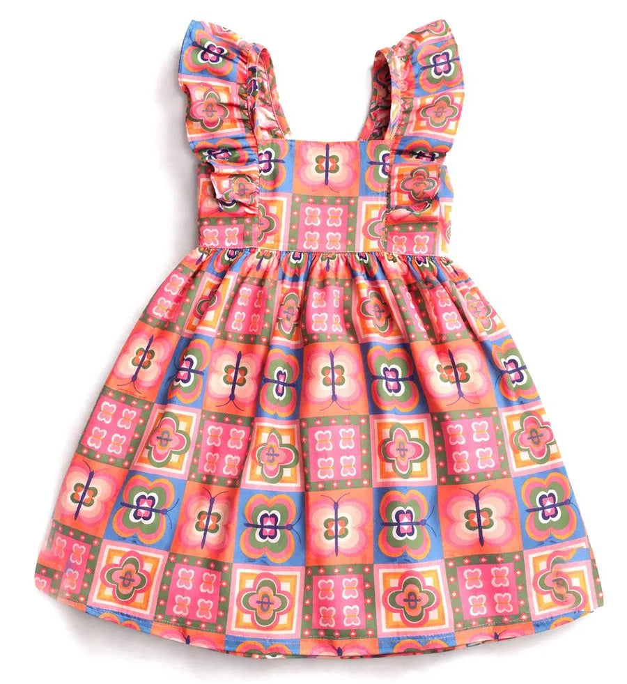 VESTIDO AZULEJO BORBOLETES ALPHABETO LARANJA/VERDE/ROSA