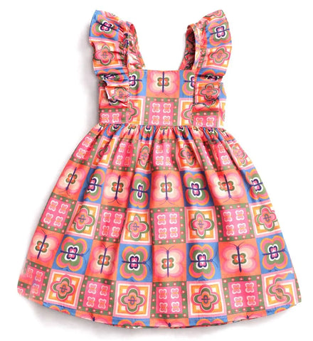VESTIDO AZULEJO BORBOLETES ALPHABETO LARANJA/VERDE/ROSA