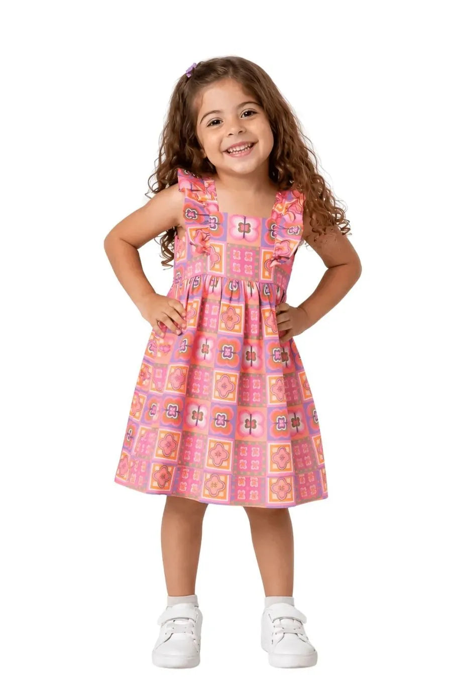 VESTIDO AZULEJO BORBOLETES ALPHABETO LARANJA/VERDE/ROSA