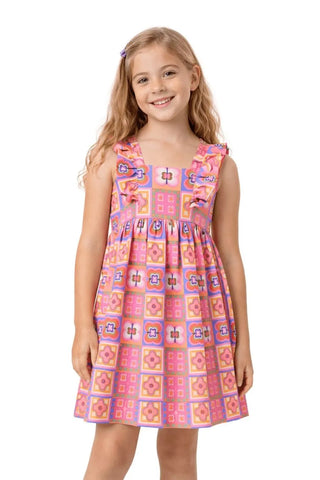 VESTIDO AZULEJO BORBOLETES ALPHABETO LARANJA/VERDE/ROSA
