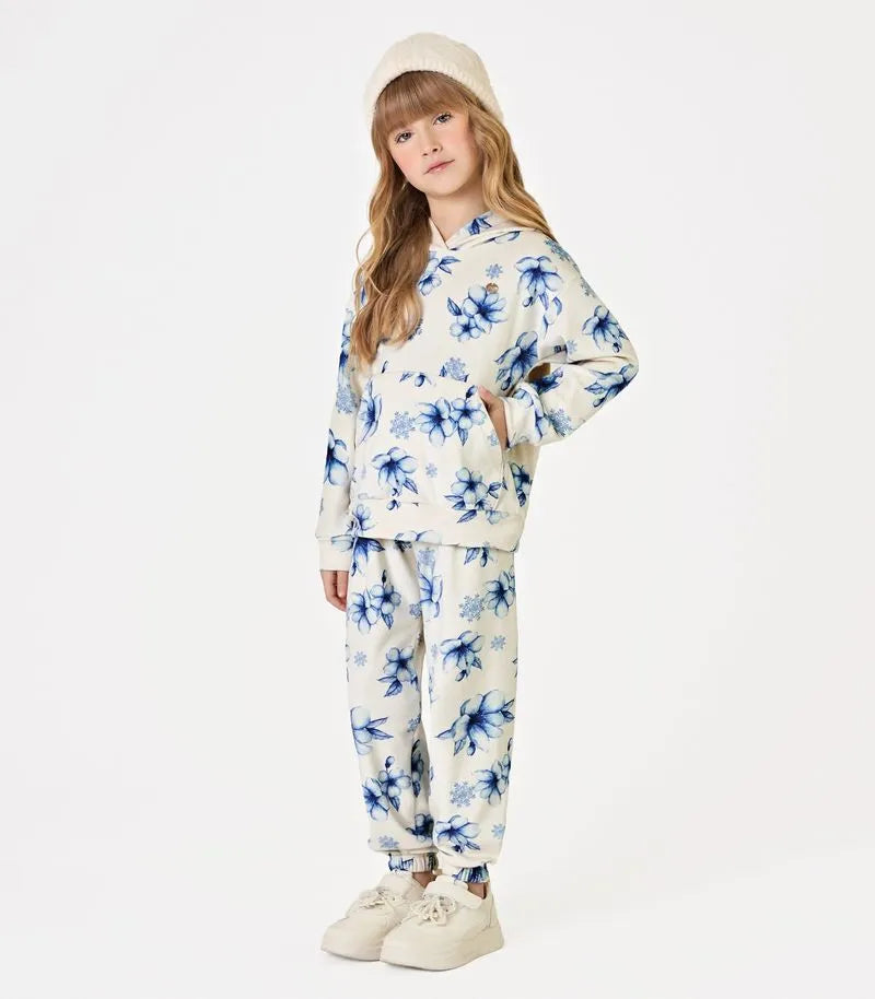 CONJ FEM BLUSAO CAP CALCA FLEECE FLORAL OFF WHITE/AZUL