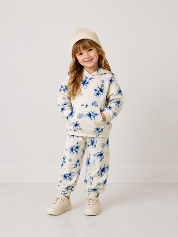 CONJ FEM BLUSAO CAP CALCA FLEECE FLORAL OFF WHITE/AZUL