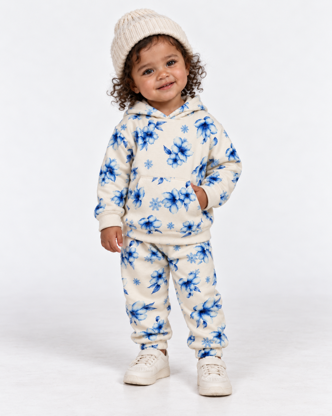 CONJ FEM BLUSAO CAP CALCA FLEECE FLORAL OFF WHITE/AZUL