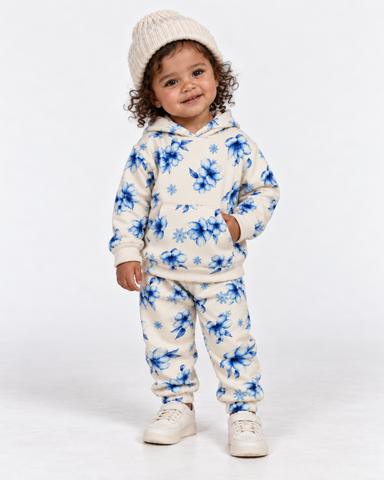CONJ FEM BLUSAO CAP CALCA FLEECE FLORAL OFF WHITE/AZUL
