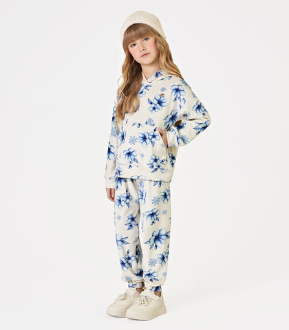 CONJ FEM BLUSAO CAP CALCA FLEECE FLORAL OFF WHITE/AZUL