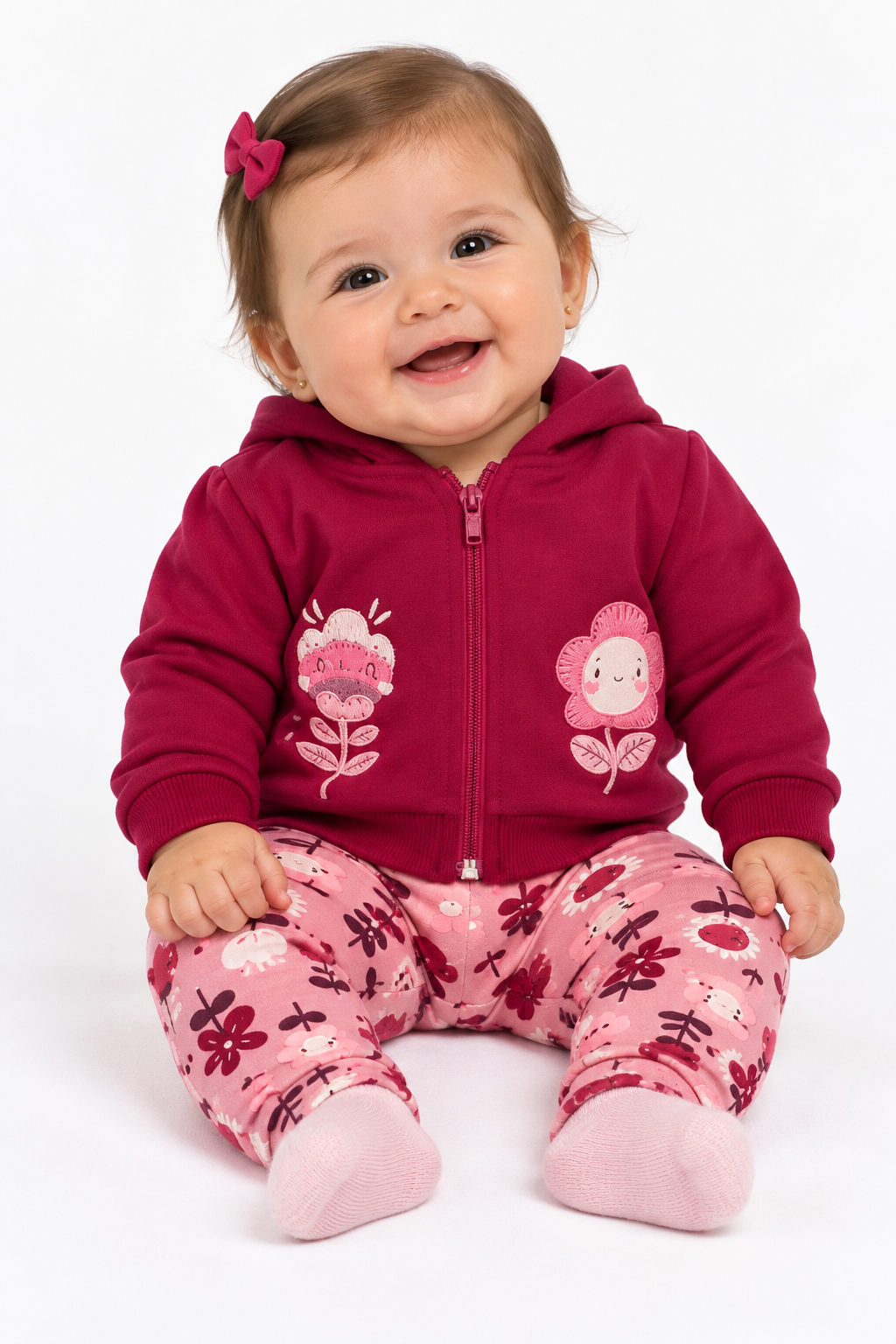 CONJ FEM JAQ CAP ZIP FLOR GLIT LEGG EST VERMELHO/ROSA