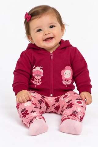 CONJ FEM JAQ CAP ZIP FLOR GLIT LEGG EST VERMELHO/ROSA