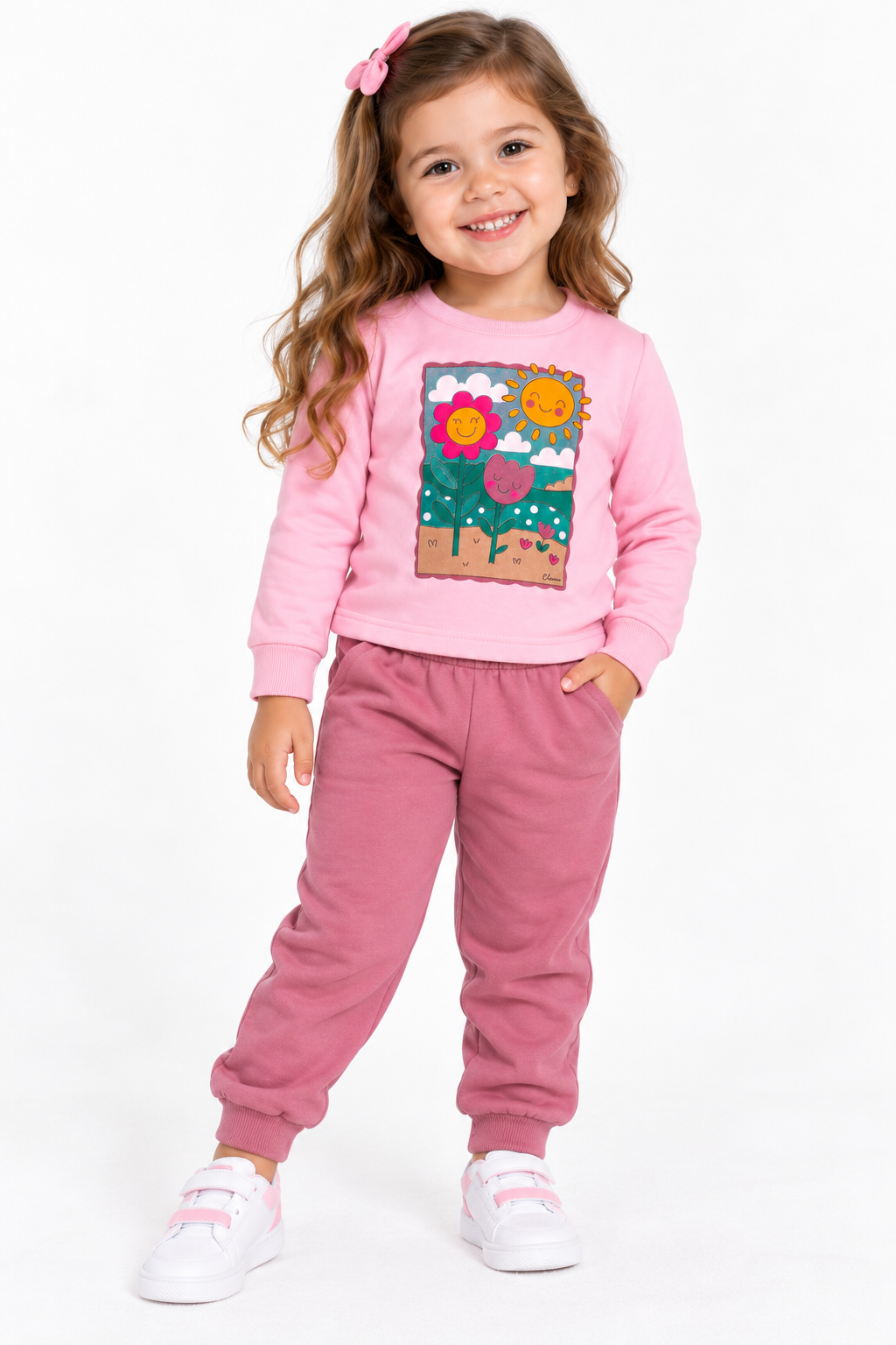 CONJ FEM BLUSAO FLORES SOL E CALCA MLT ROSA