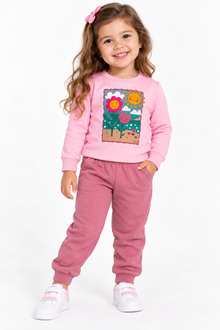 CONJ FEM BLUSAO FLORES SOL E CALCA MLT ROSA