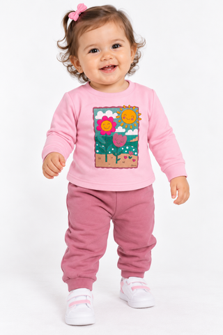 CONJ FEM BLUSAO FLORES SOL E CALCA MLT ROSA
