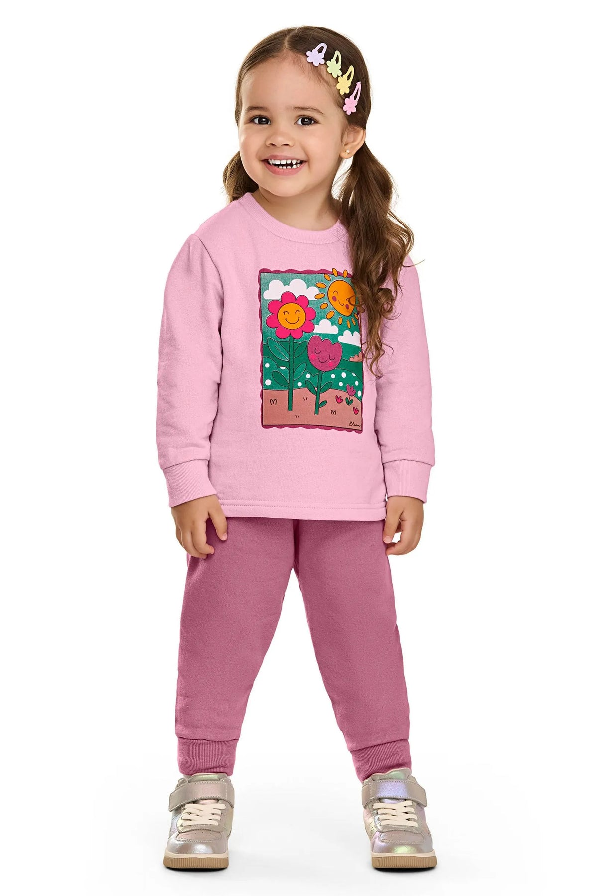 CONJ FEM BLUSAO FLORES SOL E CALCA MLT ROSA