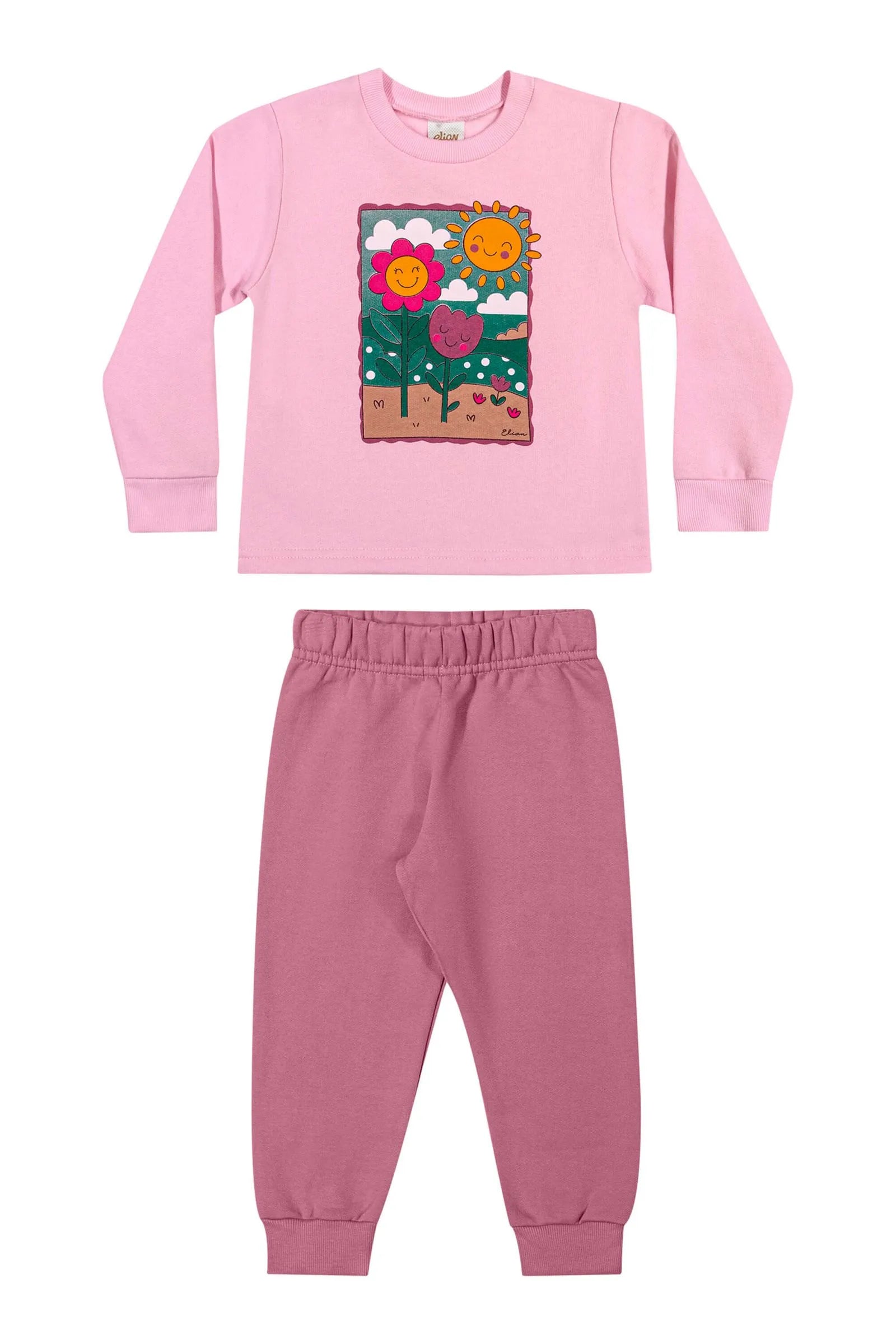 CONJ FEM BLUSAO FLORES SOL E CALCA MLT ROSA
