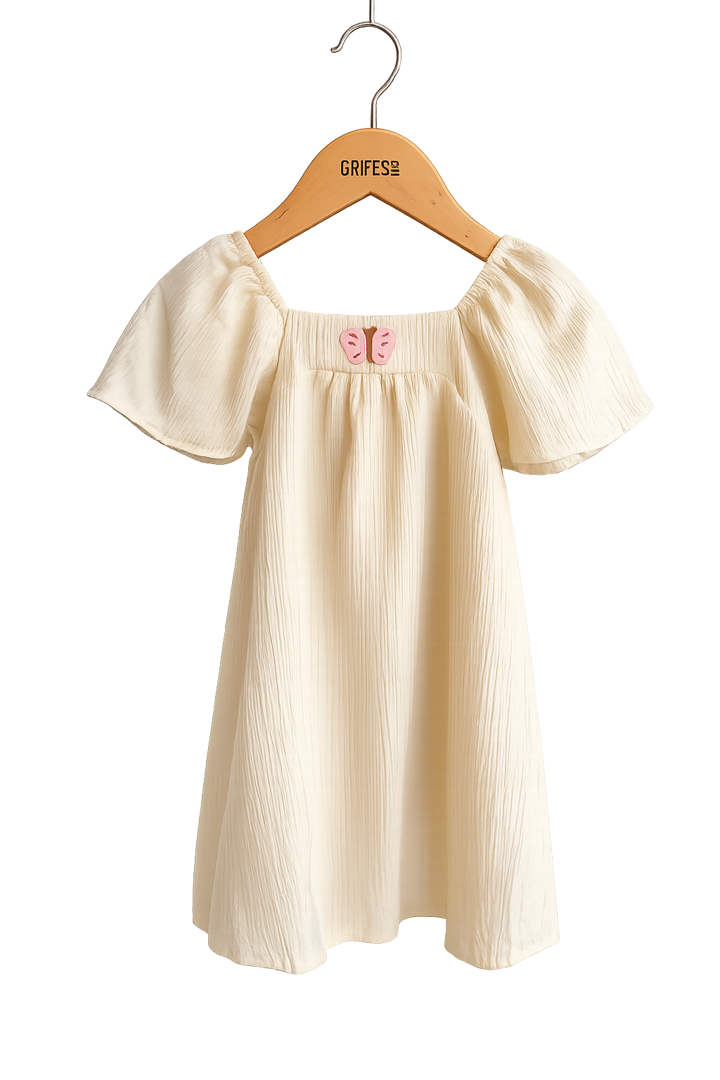 VESTIDO MC BORBOLETA BORD CREPE FRISSE BEGE