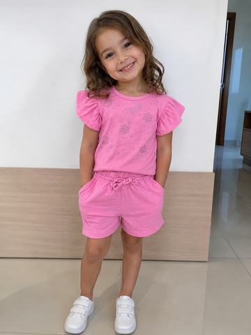 CONJ FEM BL STRASS E SHORT TEXTURIZADO ROSA BONECA