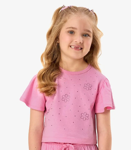 CONJ FEM BL STRASS E SHORT TEXTURIZADO ROSA BONECA