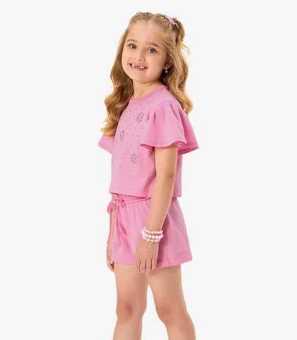 CONJ FEM BL STRASS E SHORT TEXTURIZADO ROSA BONECA