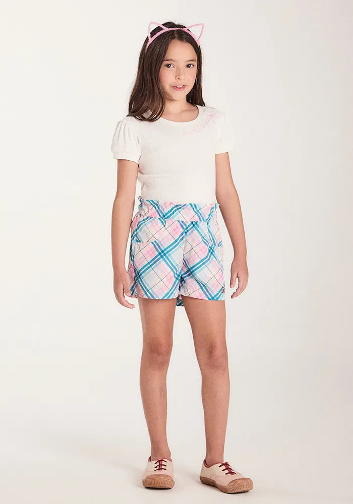 CONJ FEM BL MG BUFANTE CANEL SHORT TRIC ROSA CLARO/OFF WHITE