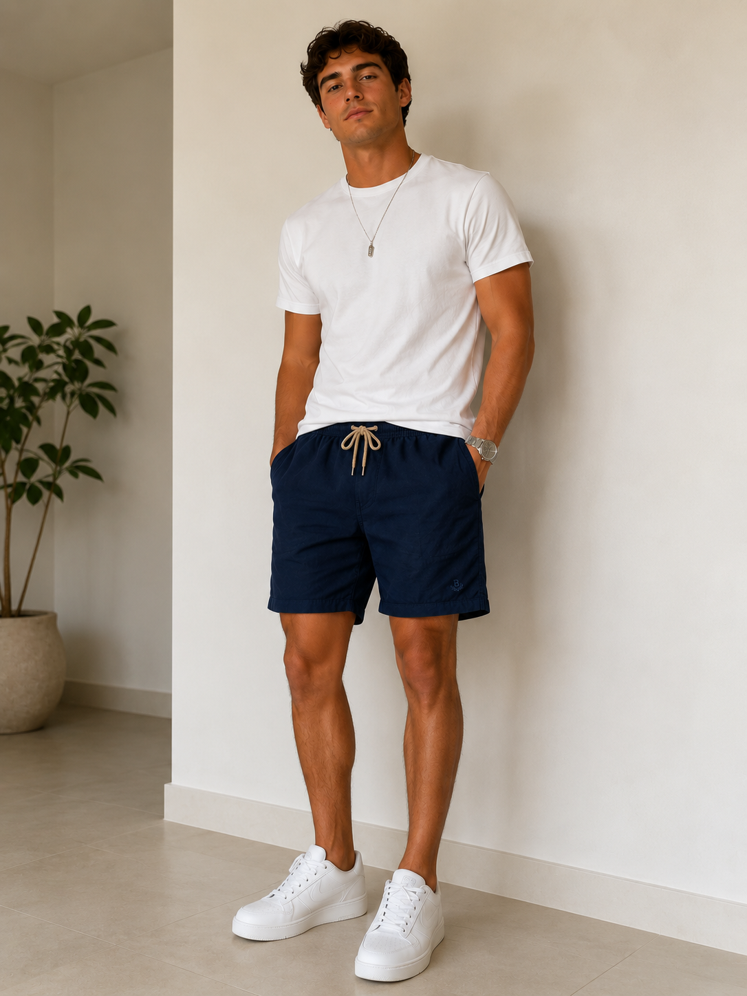 BERMUDA TACTEL PELETIZADO LISO BRENDON AZUL ESCURO/KHAKI