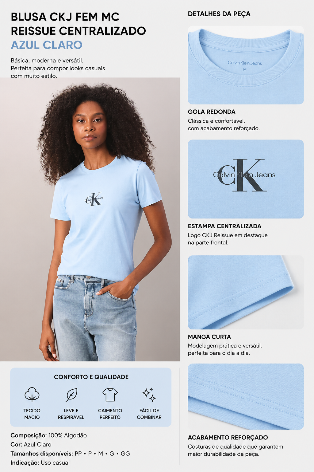BLUSA CKJ FEM MC REISSUE CENTRALIZADO AZUL CLARO