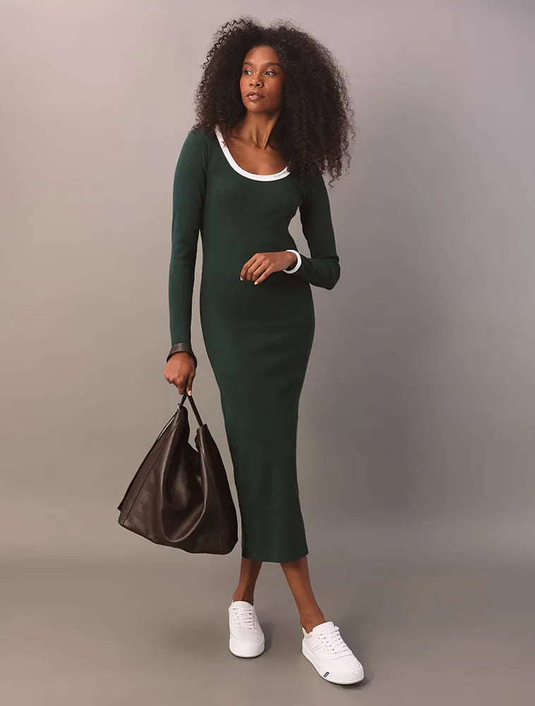 VESTIDO CKJ FEM ML RIBANA CONTRASTE VERDE MEDIO