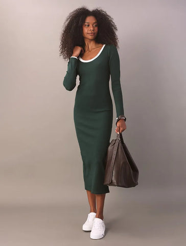 VESTIDO CKJ FEM ML RIBANA CONTRASTE VERDE MEDIO
