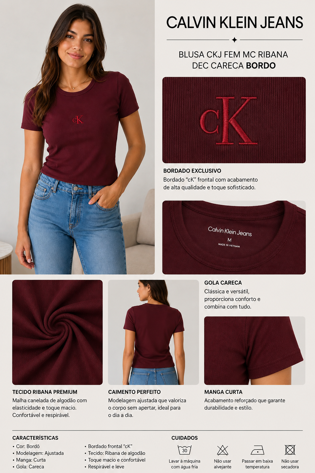 BLUSA CKJ FEM MC RIBANA DEC CARECA BORDO