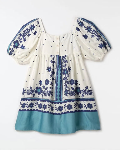 VESTIDO LENCO DE JARDIM FABULA BRANCO/AZUL