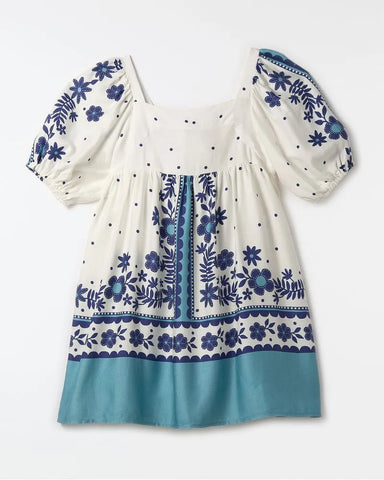 VESTIDO LENCO DE JARDIM FABULA BRANCO/AZUL
