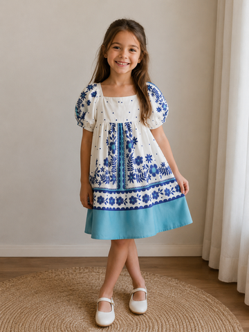 VESTIDO LENCO DE JARDIM FABULA BRANCO/AZUL