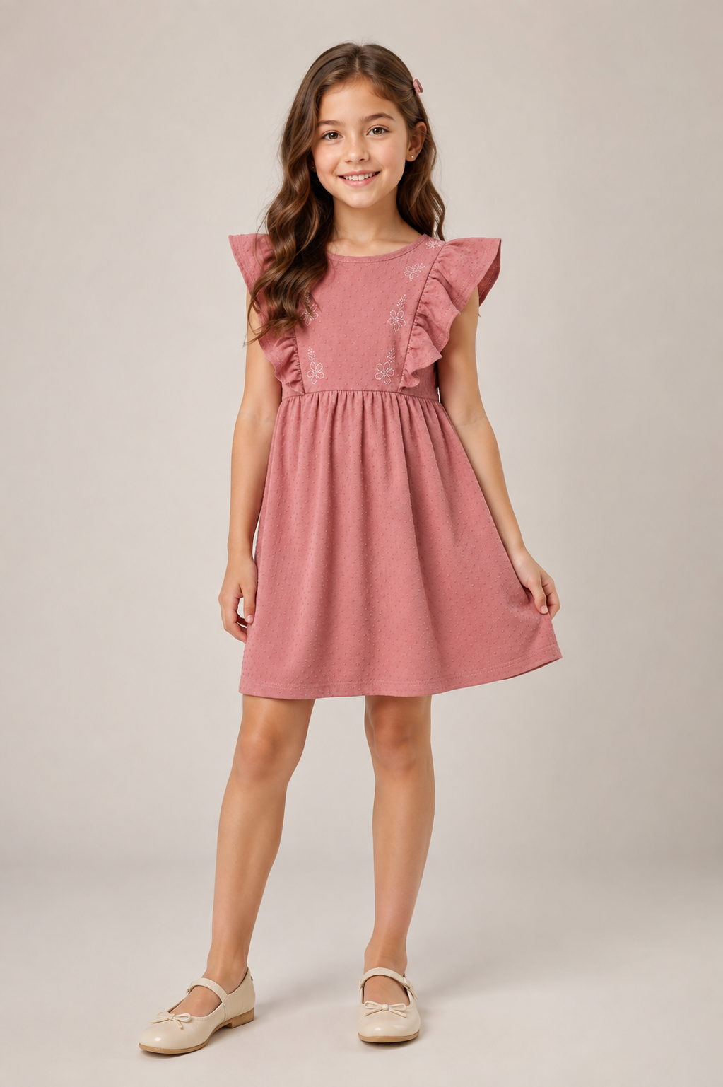VESTIDO MC BAB MALHA TRAB BORD FLORES GOIABA