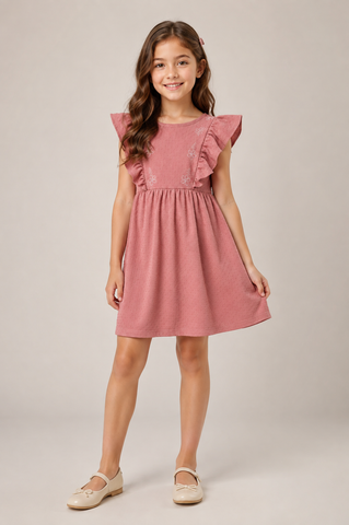 VESTIDO MC BAB MALHA TRAB BORD FLORES GOIABA