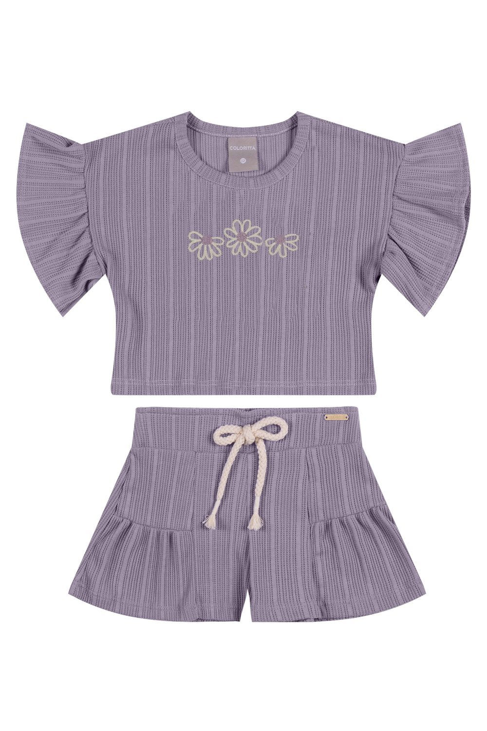 CONJ FEM BL E SHORT CANEL TRAB BORD FLOR LILAS